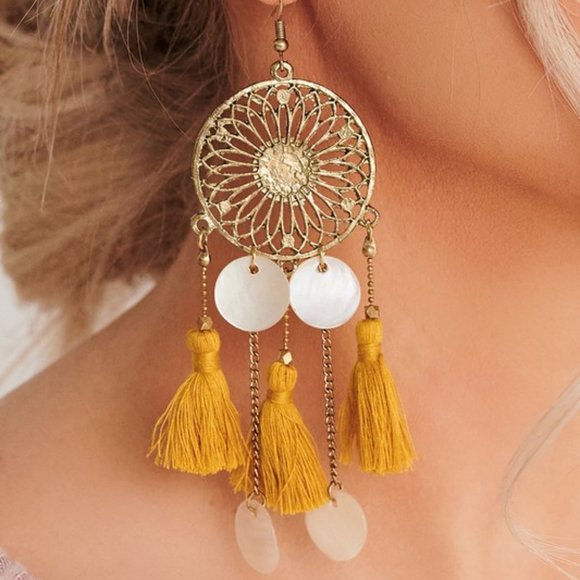 The House Of Gentry Jewelry - Yellow Tassel & Shell Earrings